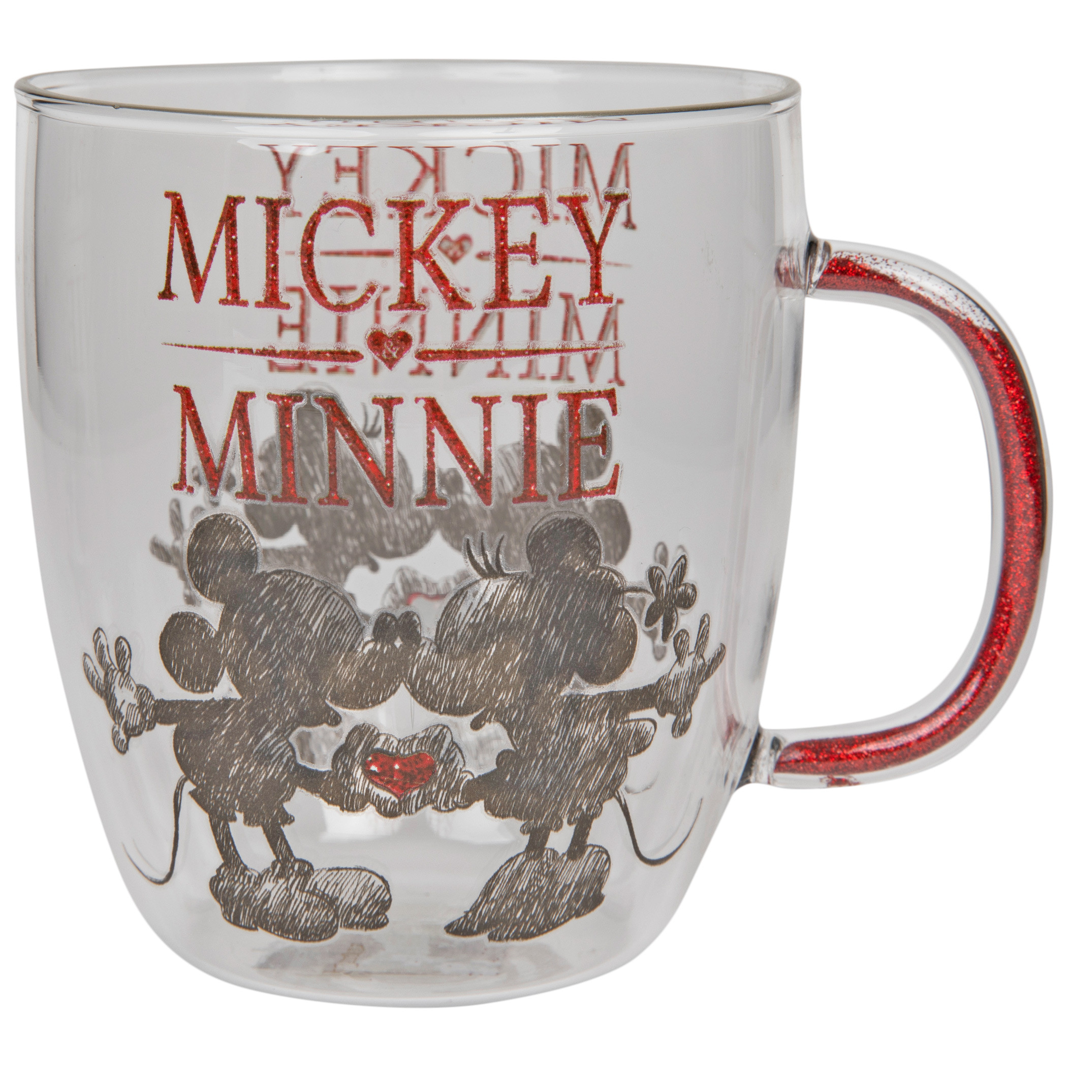 Disney Mickey and Minnie Mouse Heart Hands 14oz Glitter Handle Glass Mug
